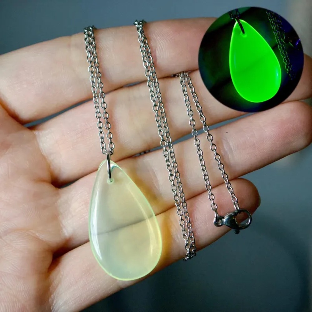 UV Reactive Vaseline UG Yellow Opaline Teardrop Pendant Necklace